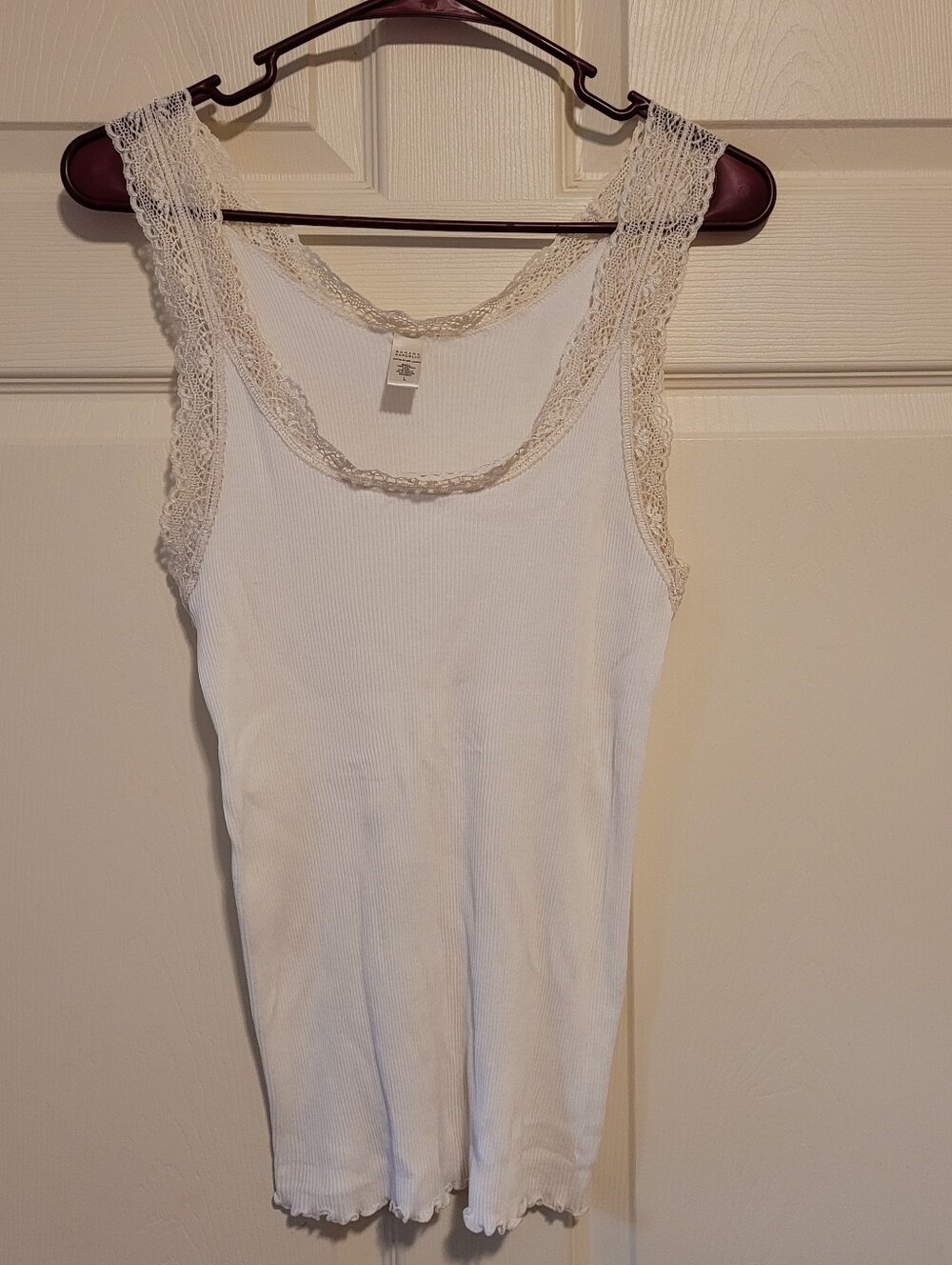 Banana Republic White Lace-Trim Ribbed Tank Camisole Large Cotton Stretch